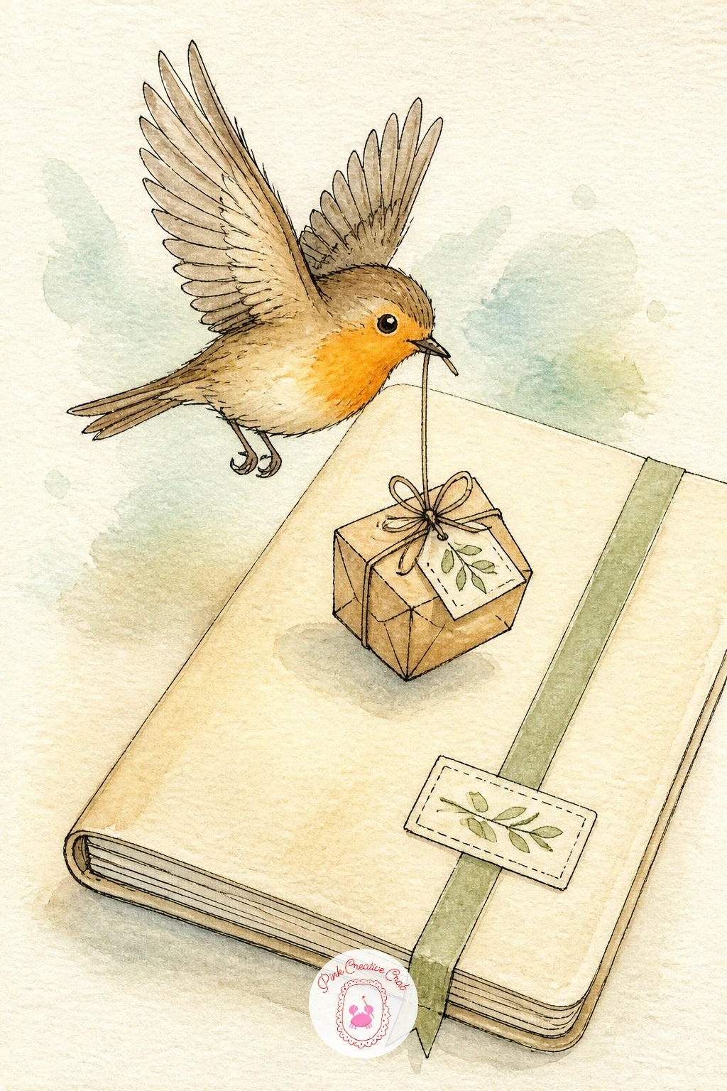 Bird Postman Delivering the Journal — Have a bird postman deliver the new journal itself, drawn carrying a small wrapped parcel or envelope in its beak as it