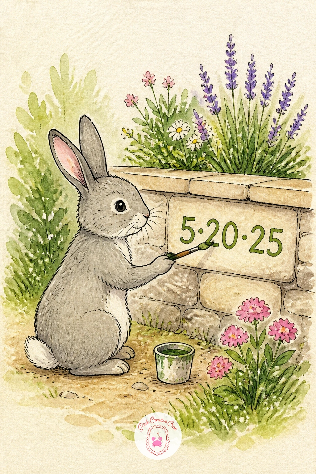 Bunny Painting the Date on a Garden Wall — Let a bunny take over the dating duties, shown painting today's date onto a low garden wall with its own tiny brush.