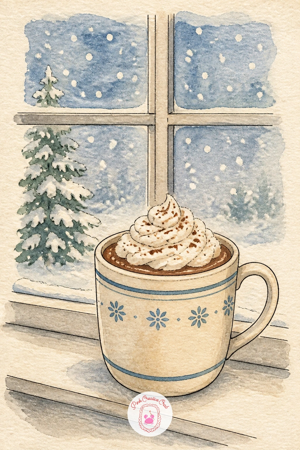 Hot Cocoa by a Snowy Window — Warm things up with a mug of hot cocoa resting on a windowsill while snow falls outside, a cozy page for a journal started in the