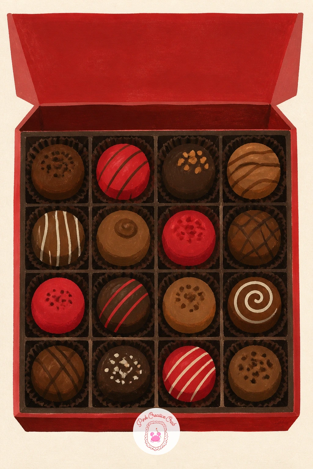 Box of Truffles — Open with a box of truffles, since the shapes are simple and forgiving for a first gouache attempt. Chocolate drawing