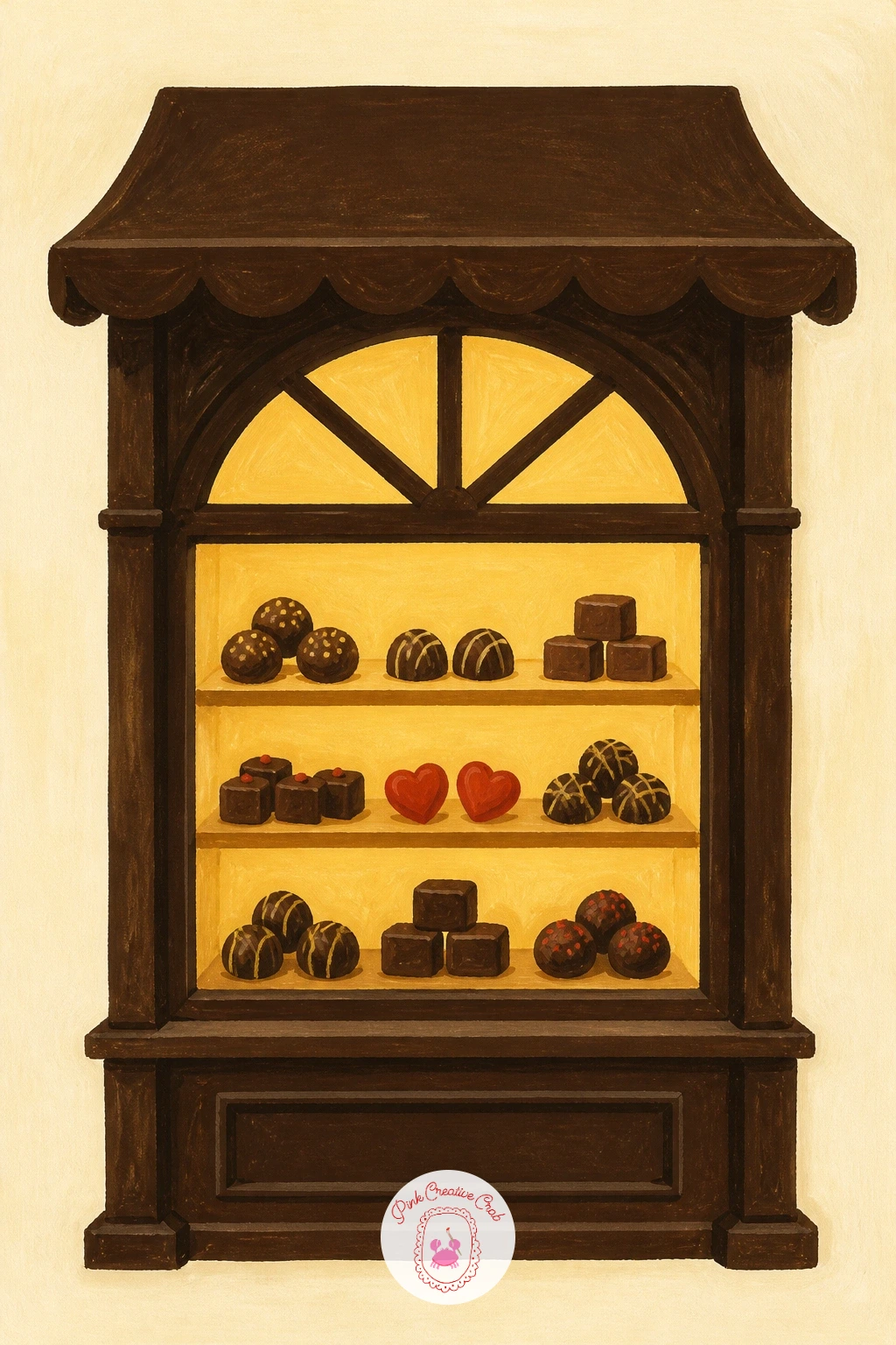 Chocolate Shop Window — A chocolate shop window is a step up from a single mug, since it asks you to arrange several small chocolates behind one larger frame.