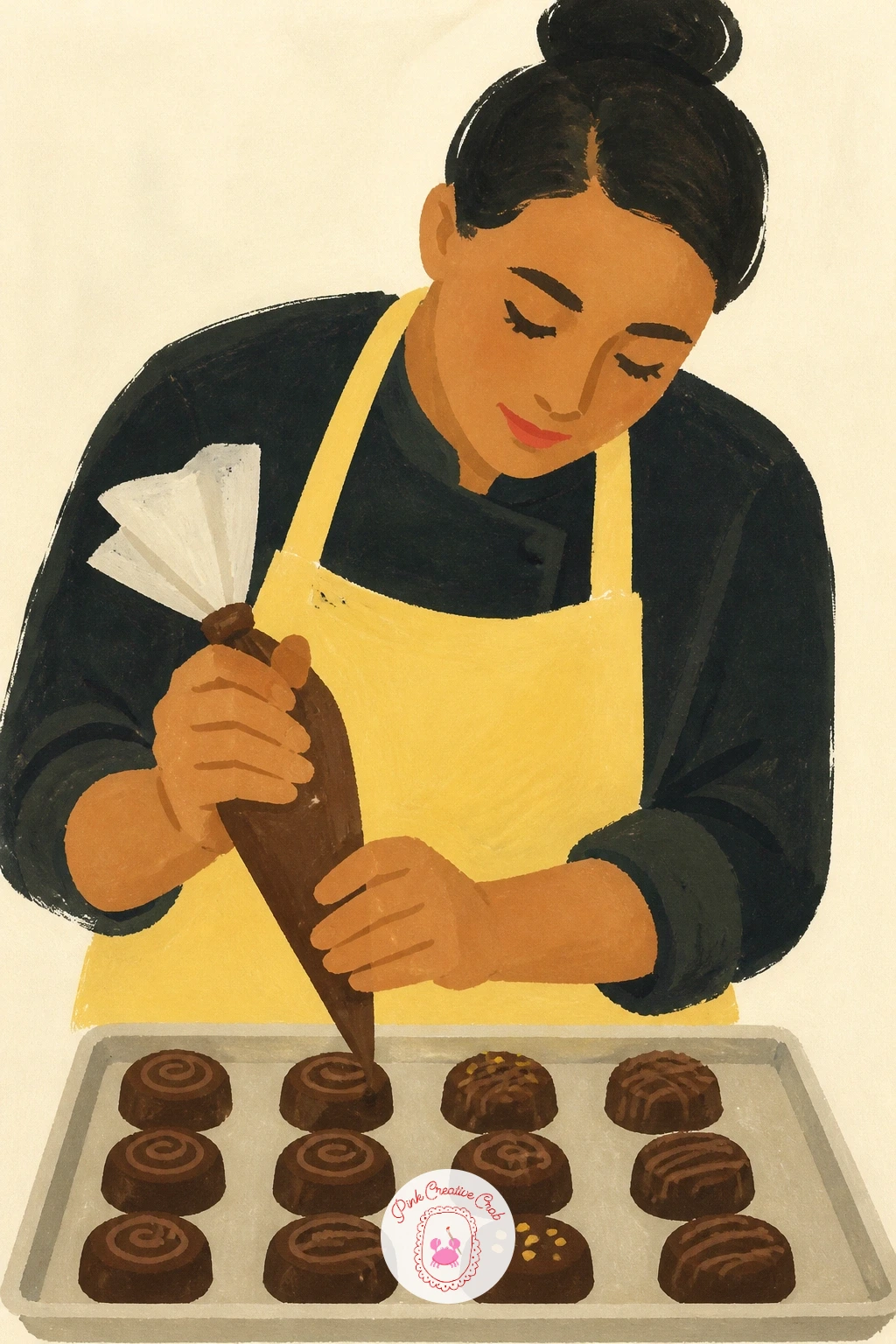 Chocolatier at Work — Bring a figure into the mix with a chocolatier at work, piping a line of chocolate over a tray of treats. Chocolate drawing