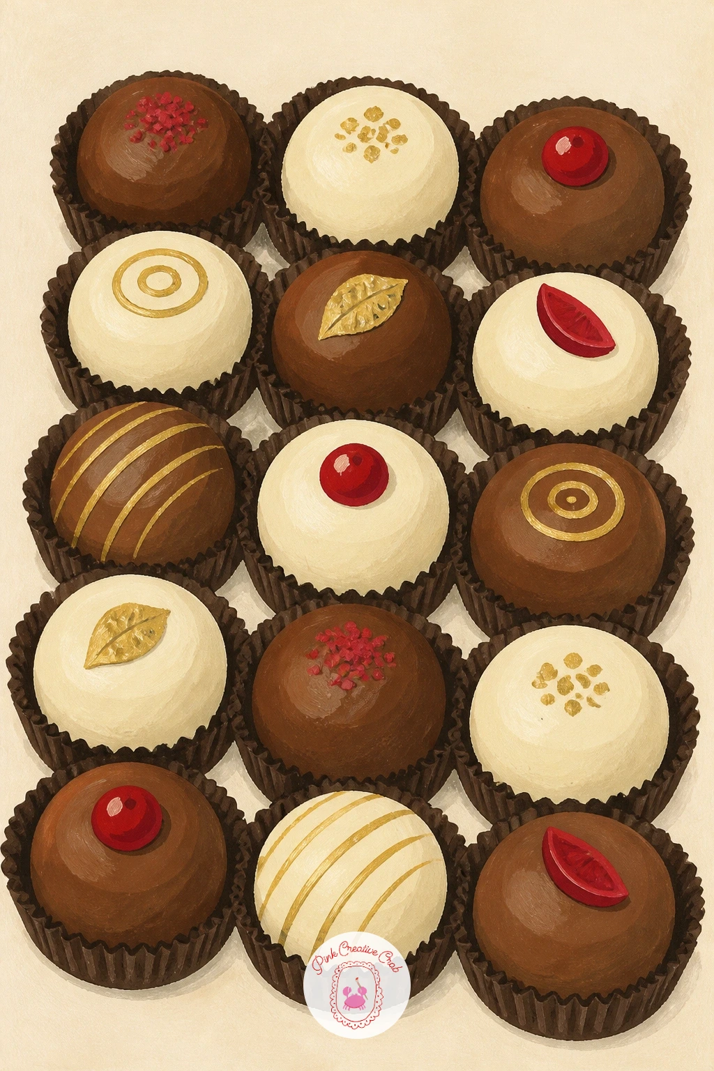 Tray of Bonbons — Return to small repeated shapes with a tray of bonbons, which is really an exercise in keeping variety inside a tidy grid. Chocolate drawing