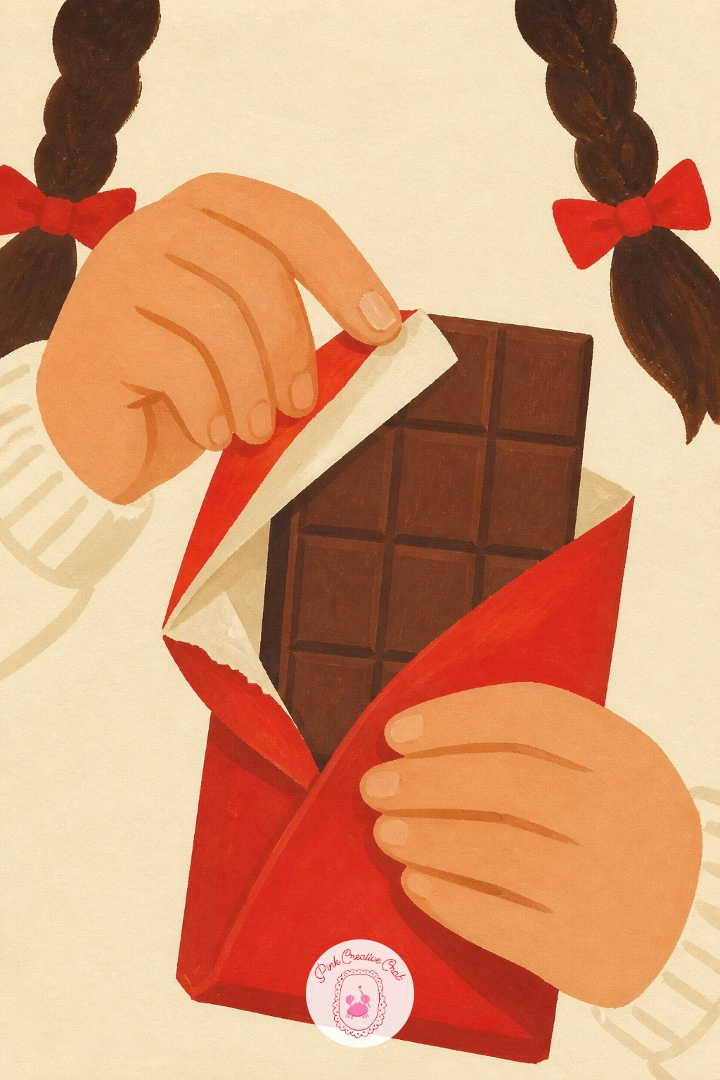 Girl Unwrapping a Chocolate Bar — Bring a little character back with a girl unwrapping a chocolate bar, her hands and the wrapper doing most of the