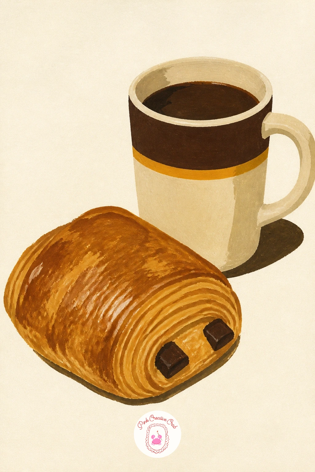 Pain Au Chocolat With Coffee — A pain au chocolat with coffee pairs two shapes you have already practiced, a layered pastry and a simple mug, side by side on a