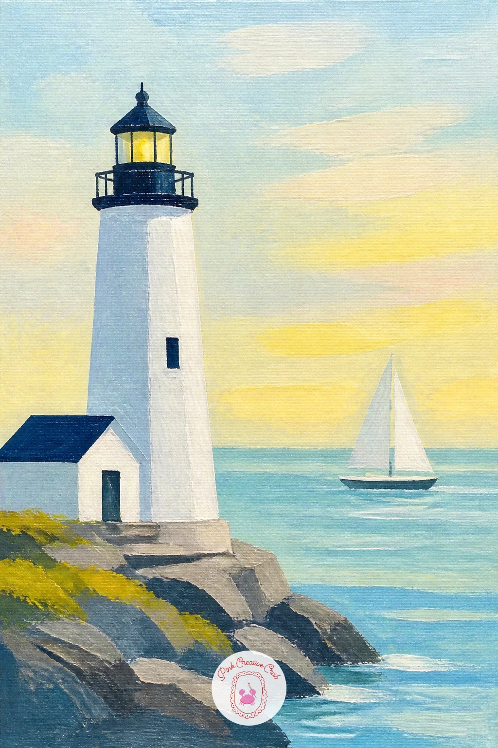 Lighthouse With a Sailboat Passing — Once you have painted one tower, a lighthouse with a sailboat passing is a nice second canvas because it adds a moving
