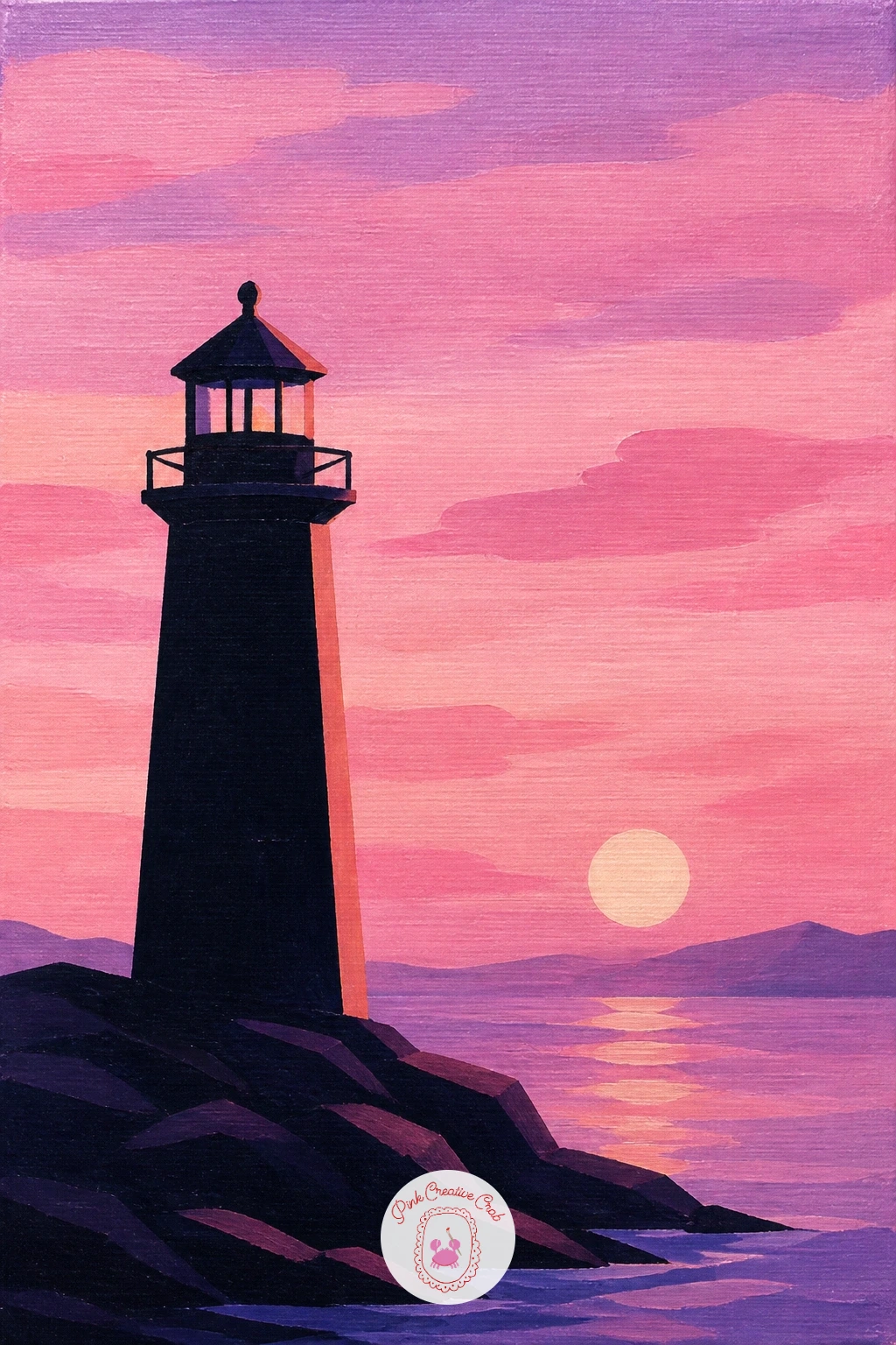 Lighthouse Under a Pink Sunrise — Light is the whole subject here, so a lighthouse under a pink sunrise asks you to paint the sky before anything else gets
