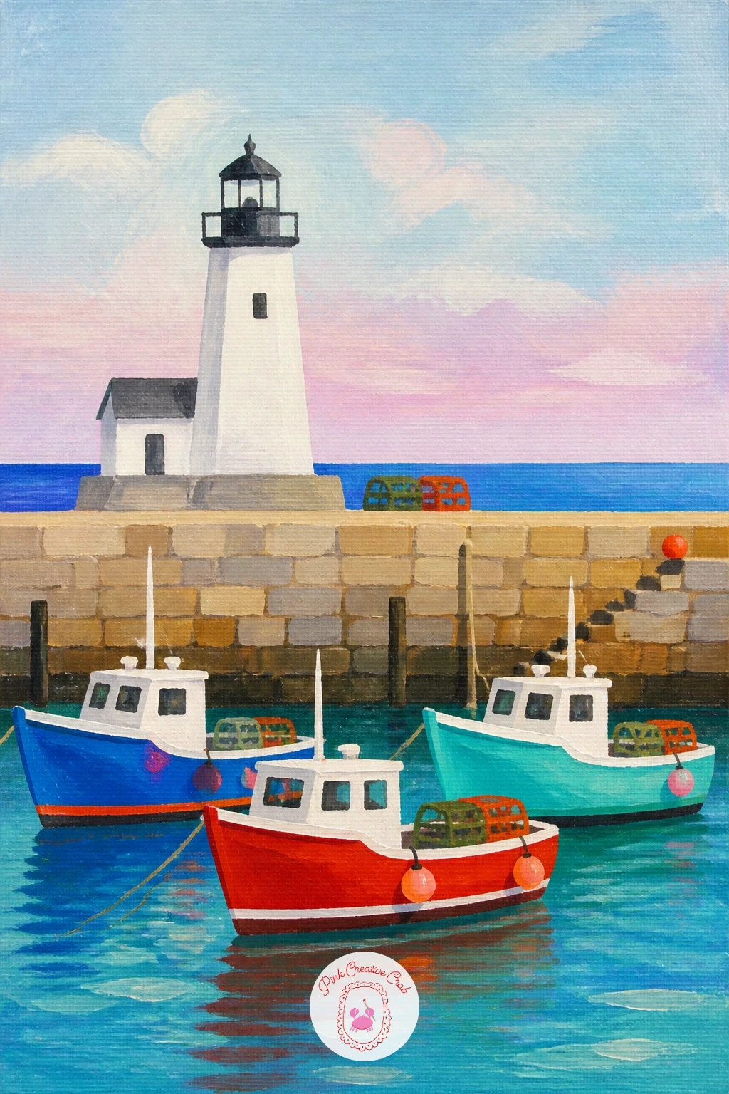 Lighthouse in a Harbor With Fishing Boats — A busier scene now: a lighthouse in a harbor with fishing boats gives you a little village feeling in one small