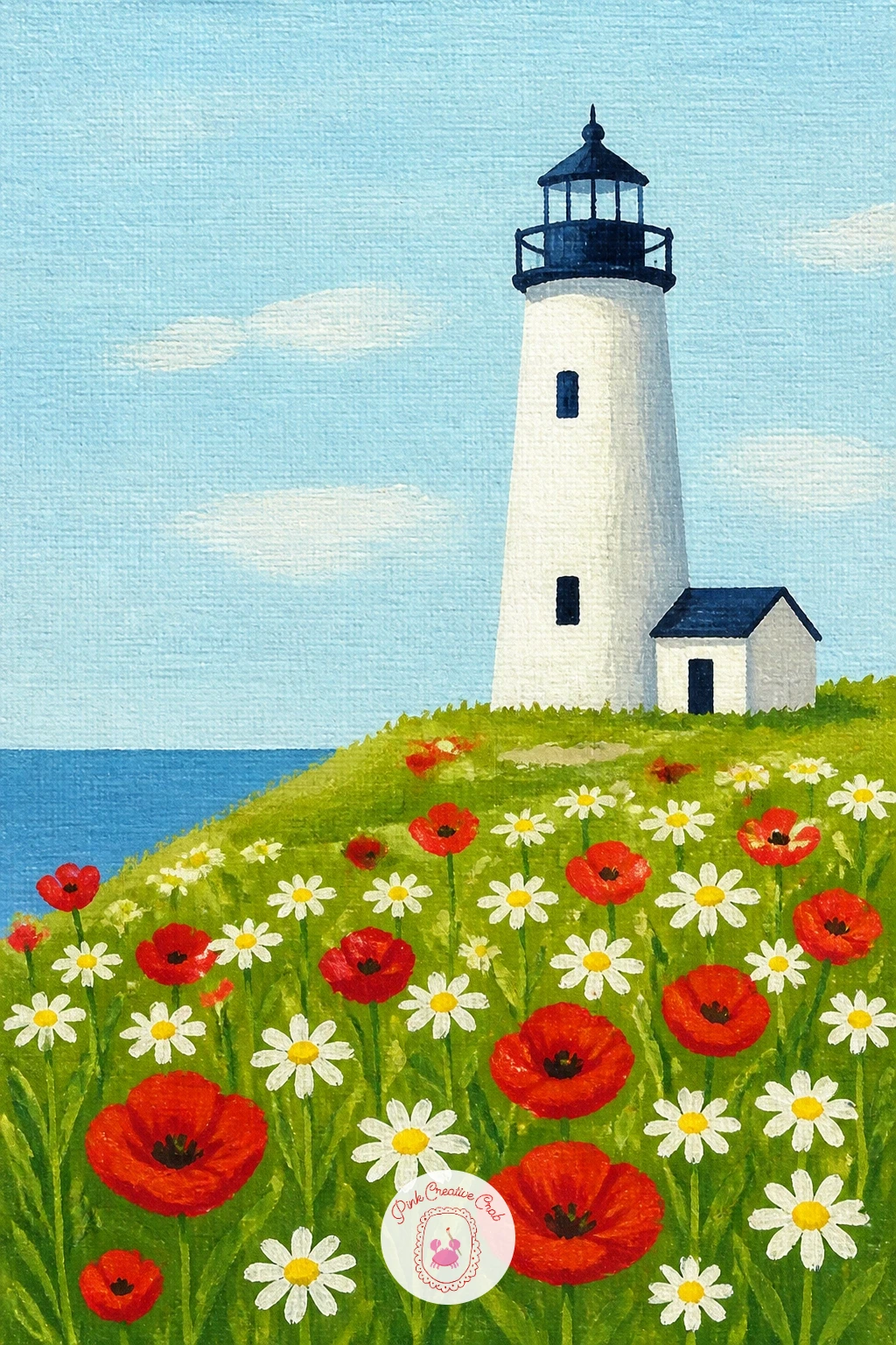 Lighthouse Among Wildflowers — Give the ground as much love as the tower in this one, because a lighthouse among wildflowers is really a meadow painting with a
