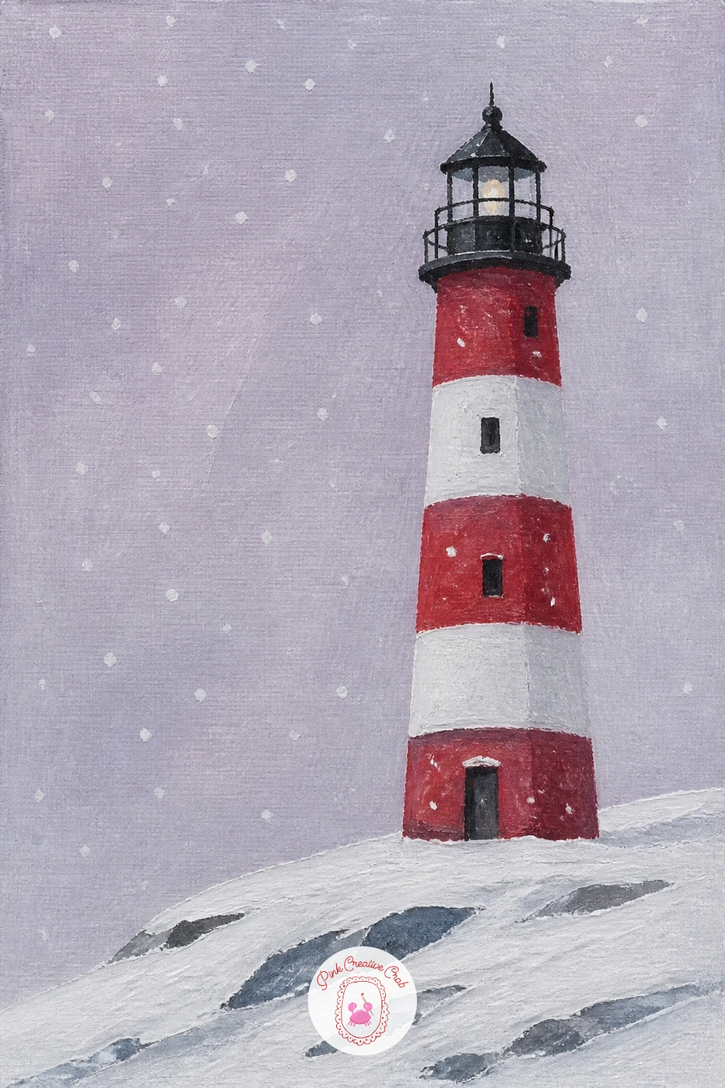 Lighthouse in Snow — Swap the usual coastal palette for something cooler with a lighthouse in snow, a nice one to paint when you want a change of season