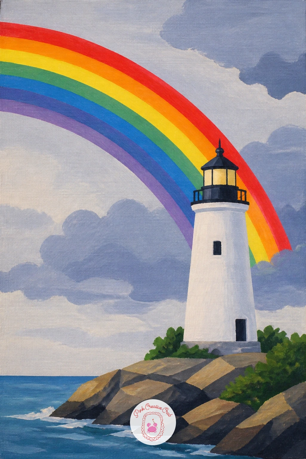 Lighthouse With a Rainbow — After all that snow, warm back up with a lighthouse with a rainbow, a cheerful scene that leans on one simple arc more than any