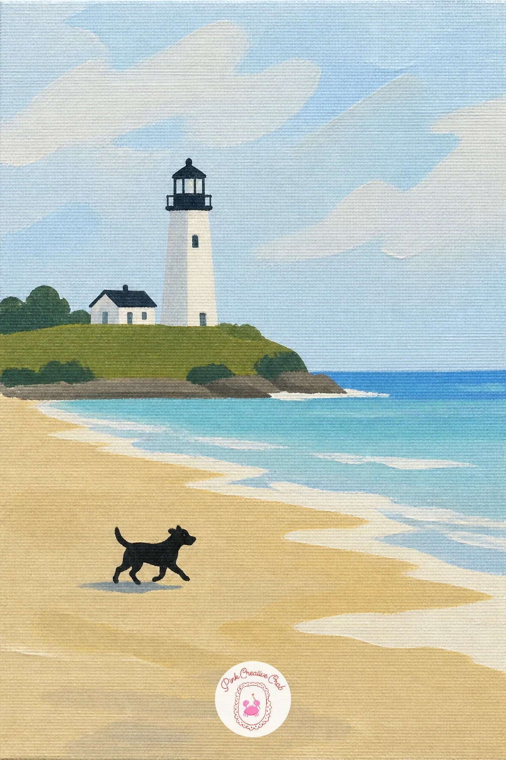 Lighthouse Seen From the Beach With a Dog — Add a small warm character to the shoreline with a lighthouse seen from the beach with a dog, a scene that works