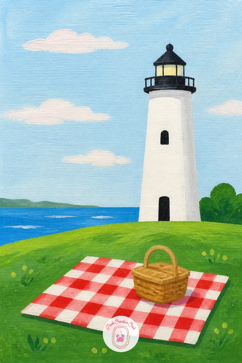 Lighthouse With a Picnic on the Grass — Bring the story right up close with a lighthouse with a picnic on the grass, where the lighthouse moves into the
