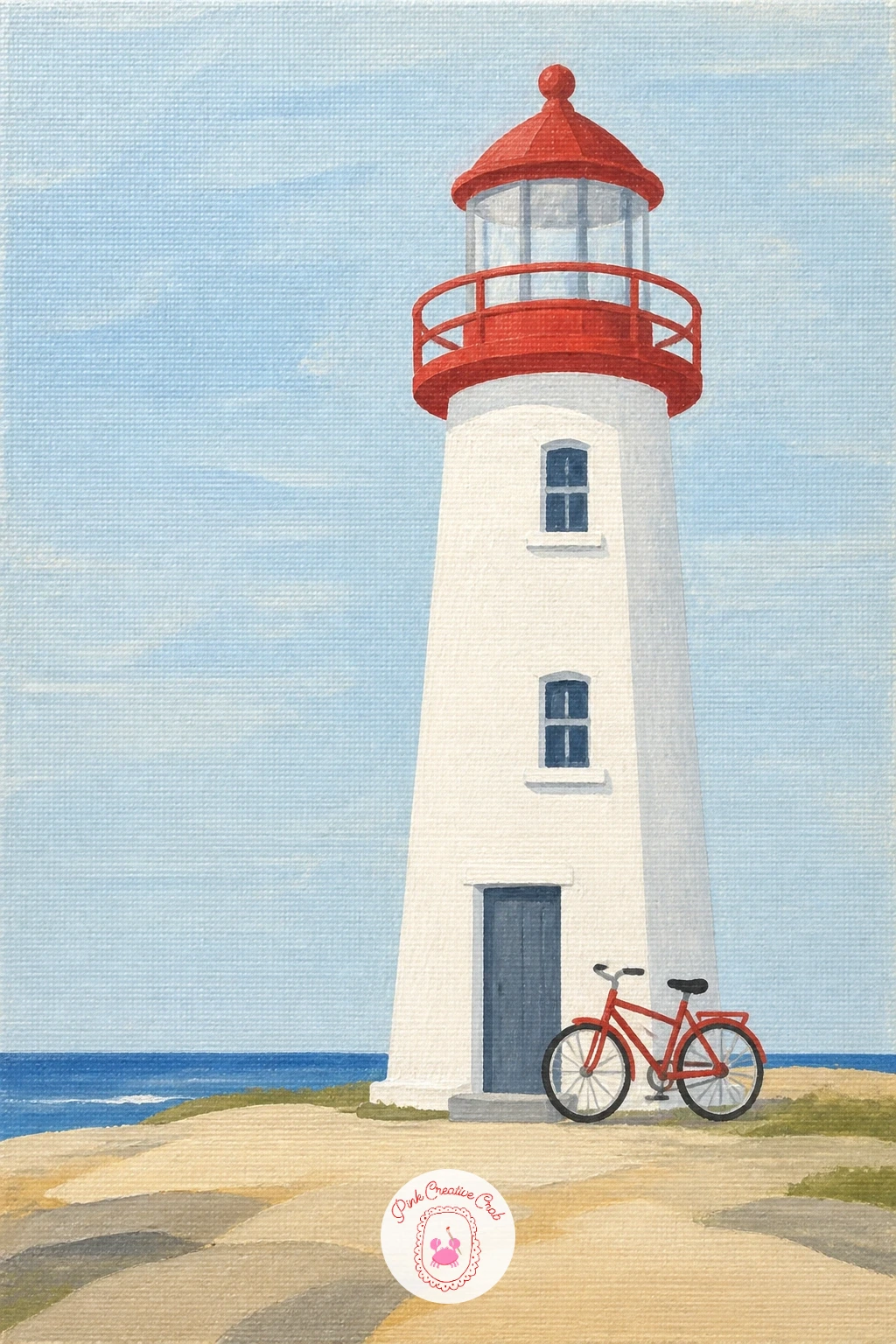 Lighthouse With a Bicycle by the Door — Come back down to a small domestic detail with a lighthouse with a bicycle by the door, which pairs nicely with the