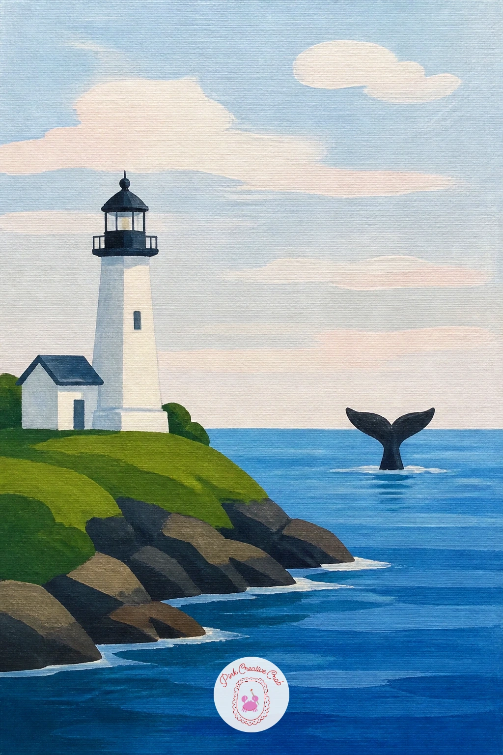 Lighthouse With a Whale Tail Offshore — Give the sea a quiet surprise with a lighthouse with a whale tail offshore, a small story detail that needs almost no