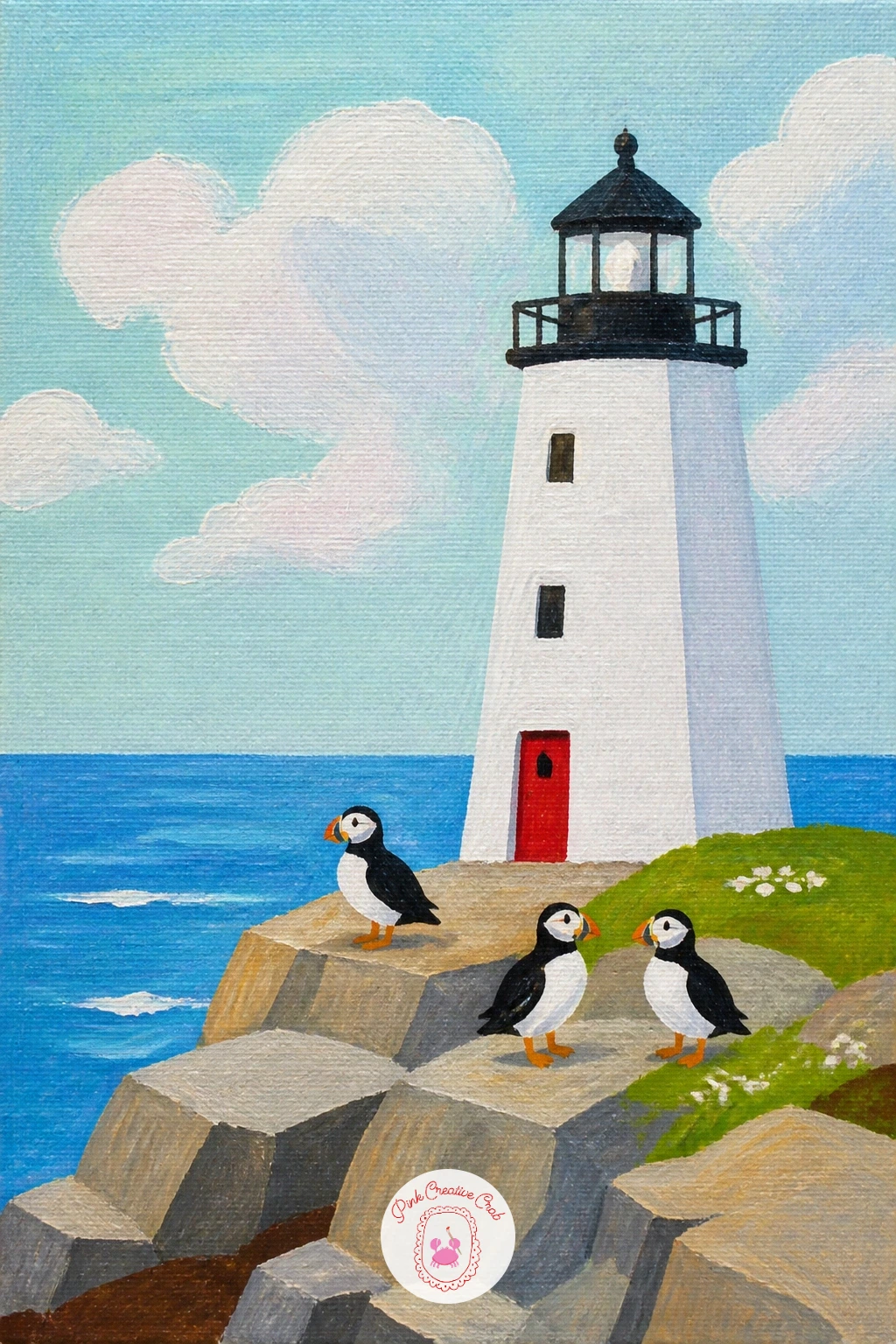 Lighthouse With Puffins — Bring a little coastal character onto the rocks with a lighthouse with puffins, swapping the earlier seagulls for a bird with much