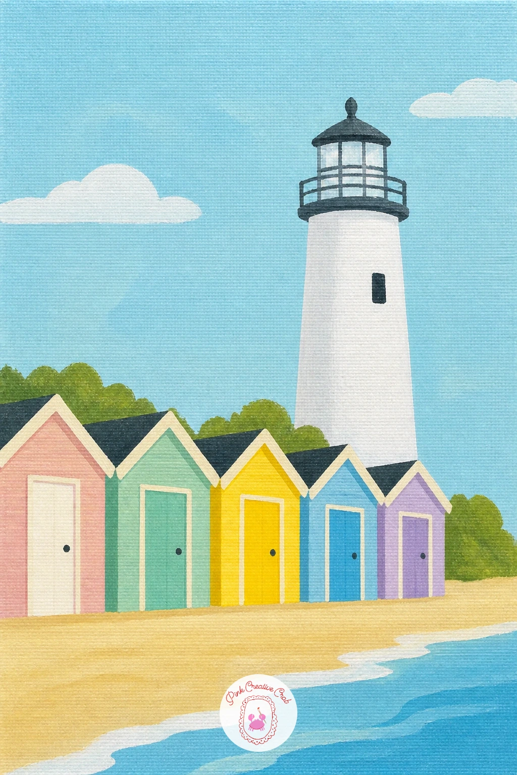 Lighthouse Beside Beach Huts — Add a row of color beneath your tower with a lighthouse beside beach huts, a lively scene that pairs well with the pastel