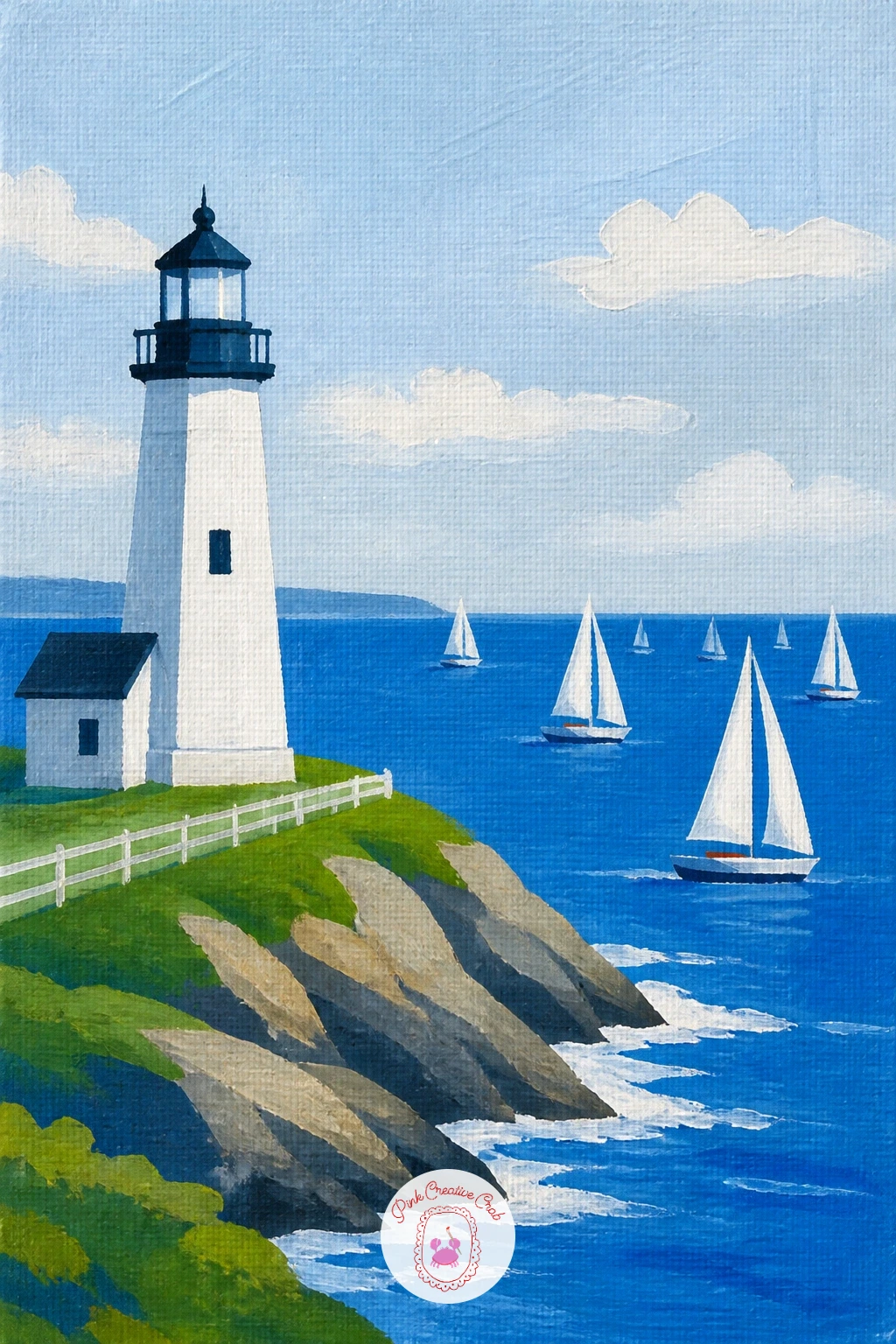 Lighthouse With a Sailing Regatta — Multiply the single sailboat idea from earlier into a lighthouse with a sailing regatta, a busier scene that still stays
