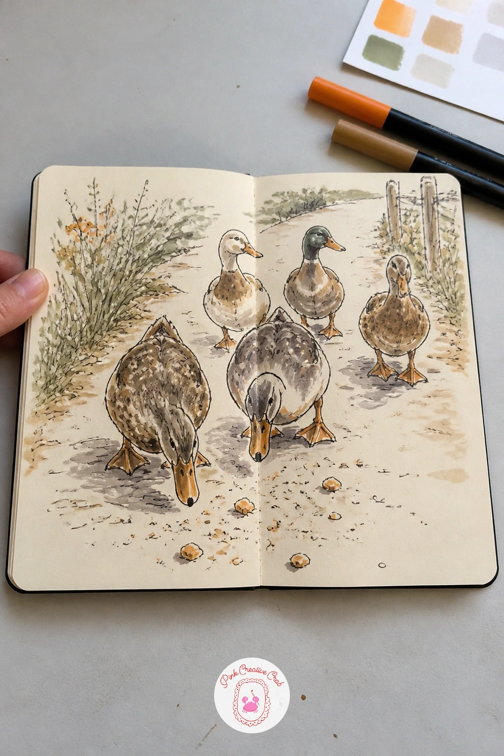 Ducks Chasing Bread Crumbs — Ducks chasing bread crumbs give you movement without needing a whole landscape behind them. Sketchbook ideas drawings