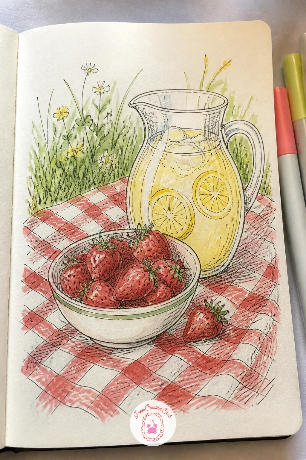 Picnic Blanket With Strawberries and Lemonade — Start with the blanket, since everything else sits on top of it. Sketchbook ideas drawings