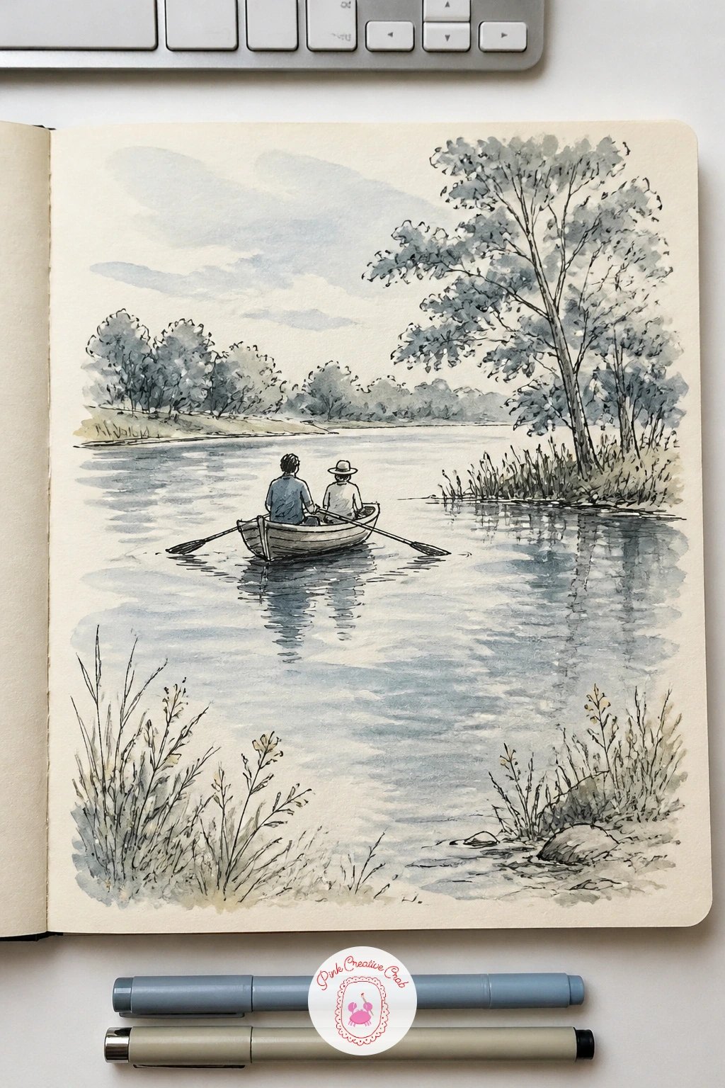 A Rowing Boat on the Pond — A rowing boat on the pond is a nice change of pace after busier scenes, since it lets the water do most of the talking. Sketchbook