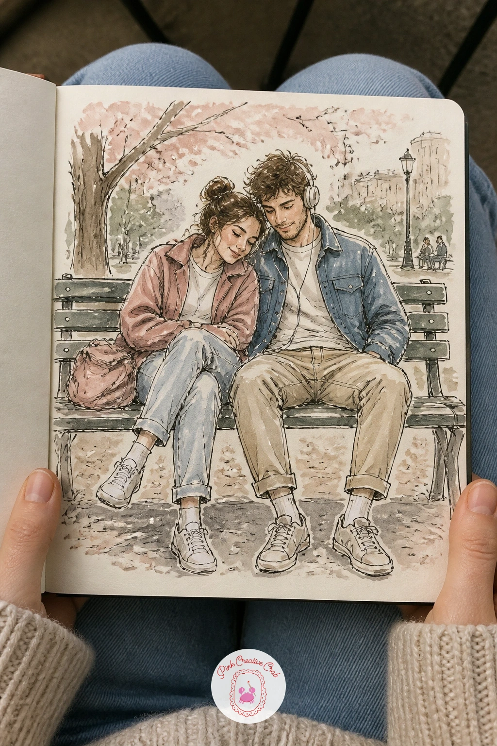 A Couple Sharing Headphones on a Bench — A couple sharing headphones on a bench is a quiet, warm little scene that rewards a slower hand. Sketchbook ideas