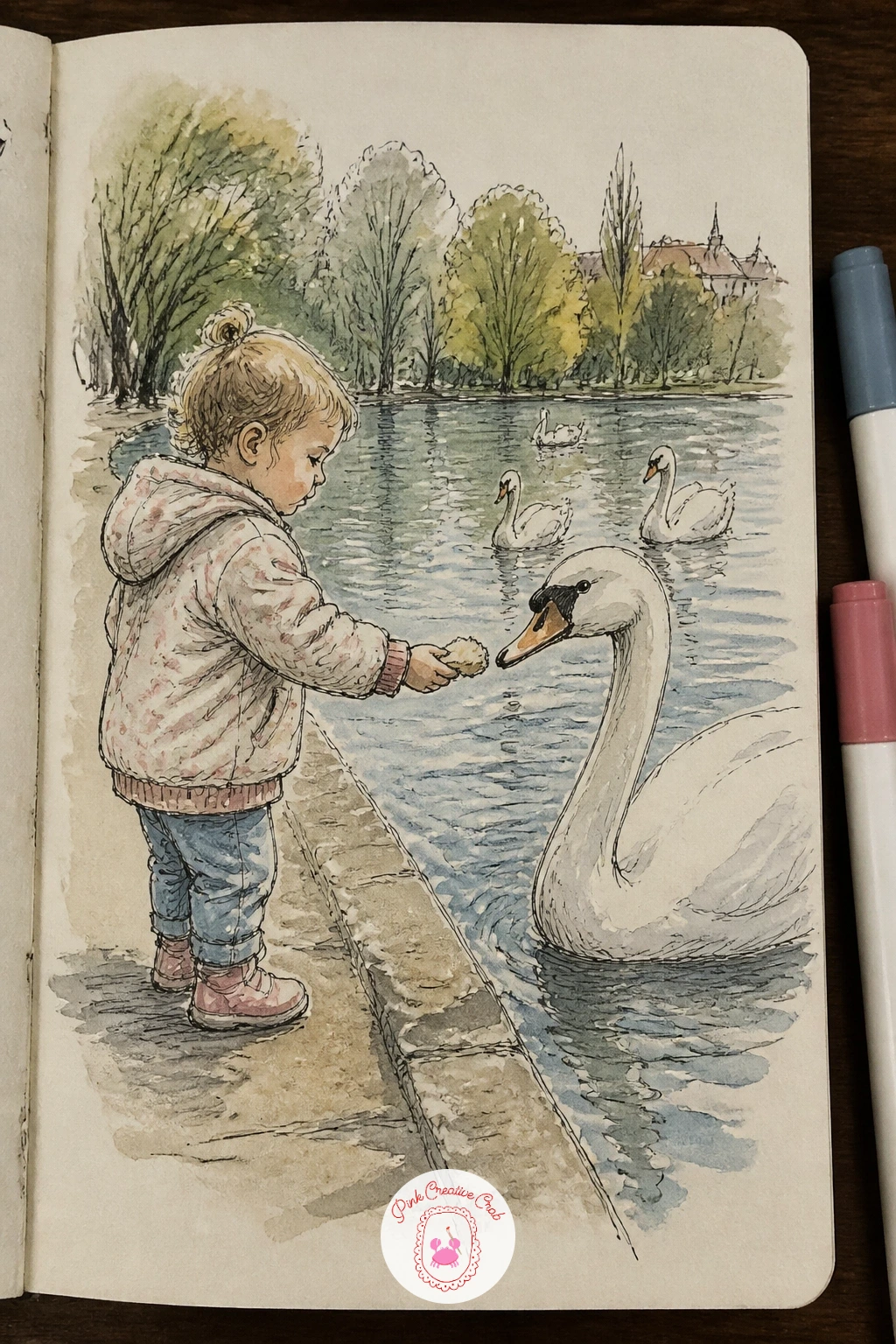 A Toddler Feeding Swans — A toddler feeding swans pairs a very small figure against a large elegant bird, and that size difference is most of the charm.