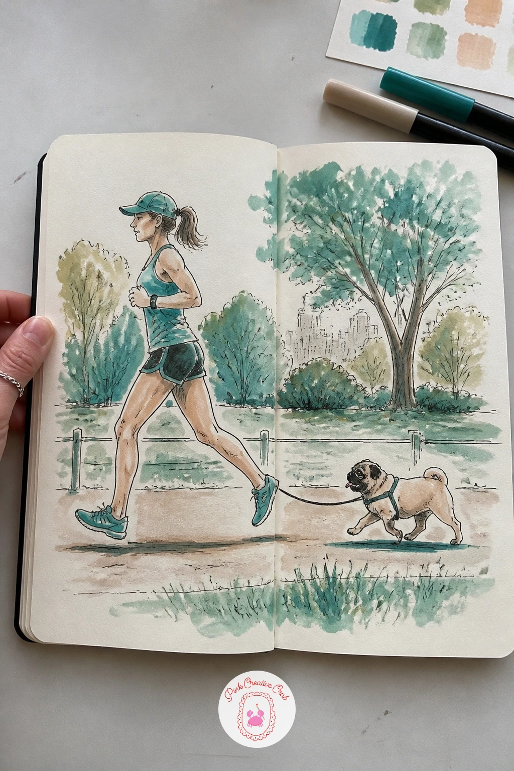 A Jogger With a Pug — A jogger with a pug is a fun contrast in pace, a stretched-out running figure paired with a small dog trotting as fast as its legs allow.