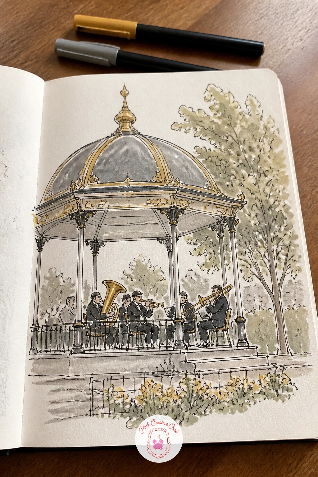 A Bandstand With a Small Brass Band — A bandstand with a small brass band is more ambitious than most pages here, so give yourself a little more time for this
