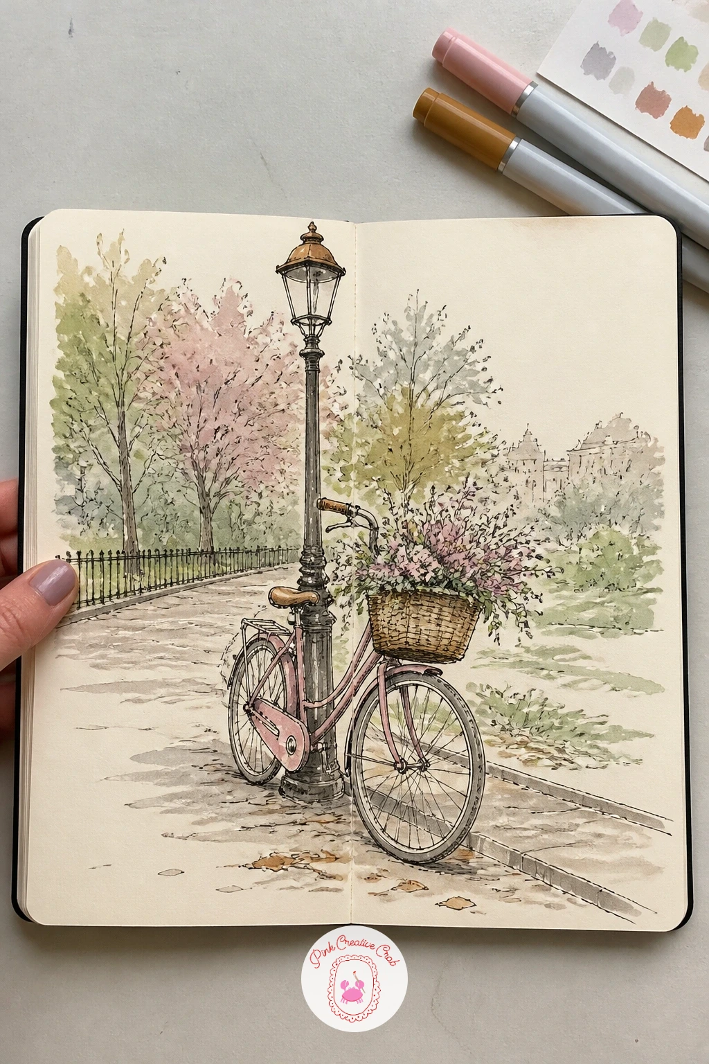 A Bike Leaning on a Lamppost — A bike leaning on a lamppost is a calm, object-focused page after a run of busy figures, and a good one for practising clean
