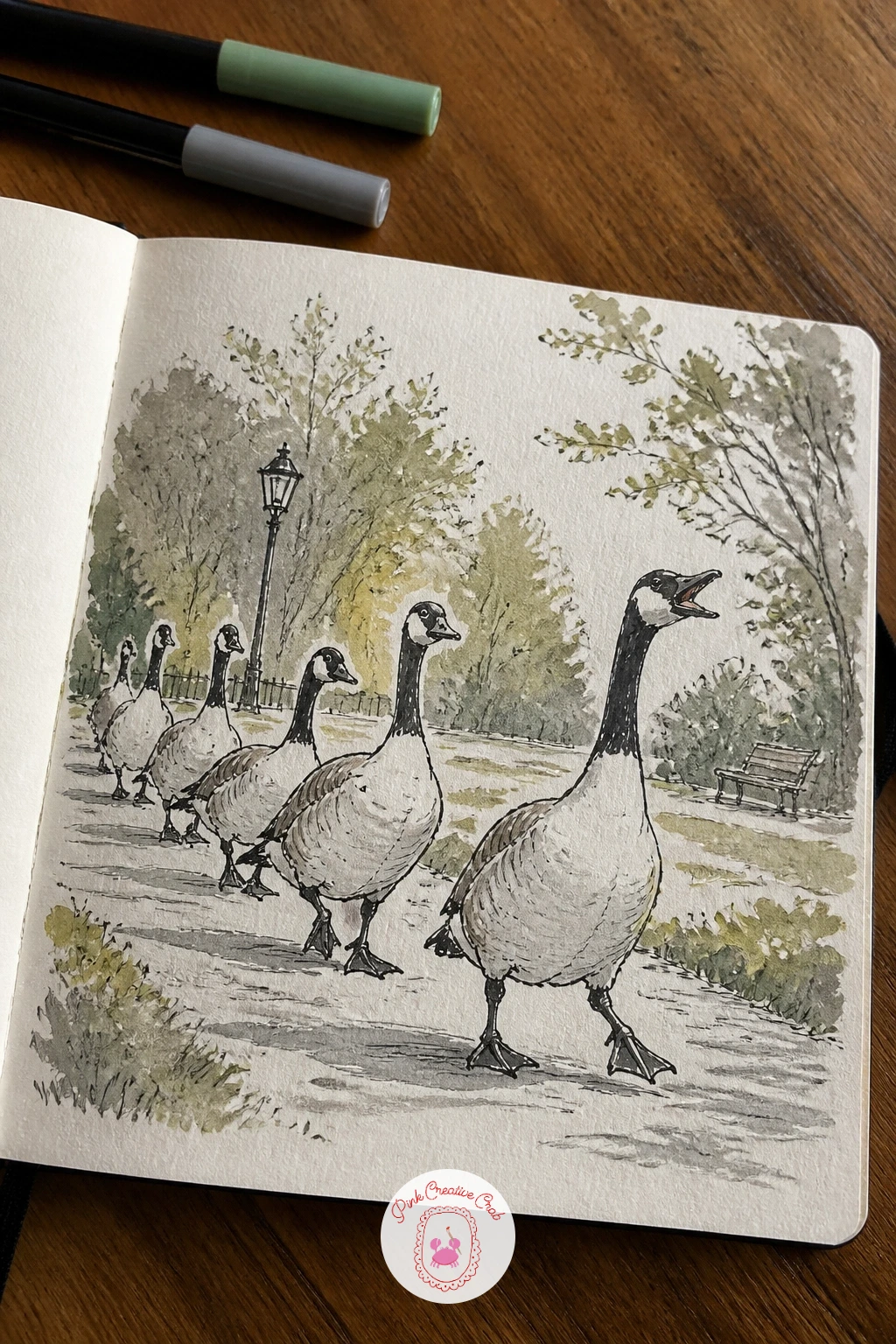 Geese Crossing the Path — Geese crossing the path is a fun little traffic-jam moment, a line of birds holding up anyone walking by, and it builds nicely on the