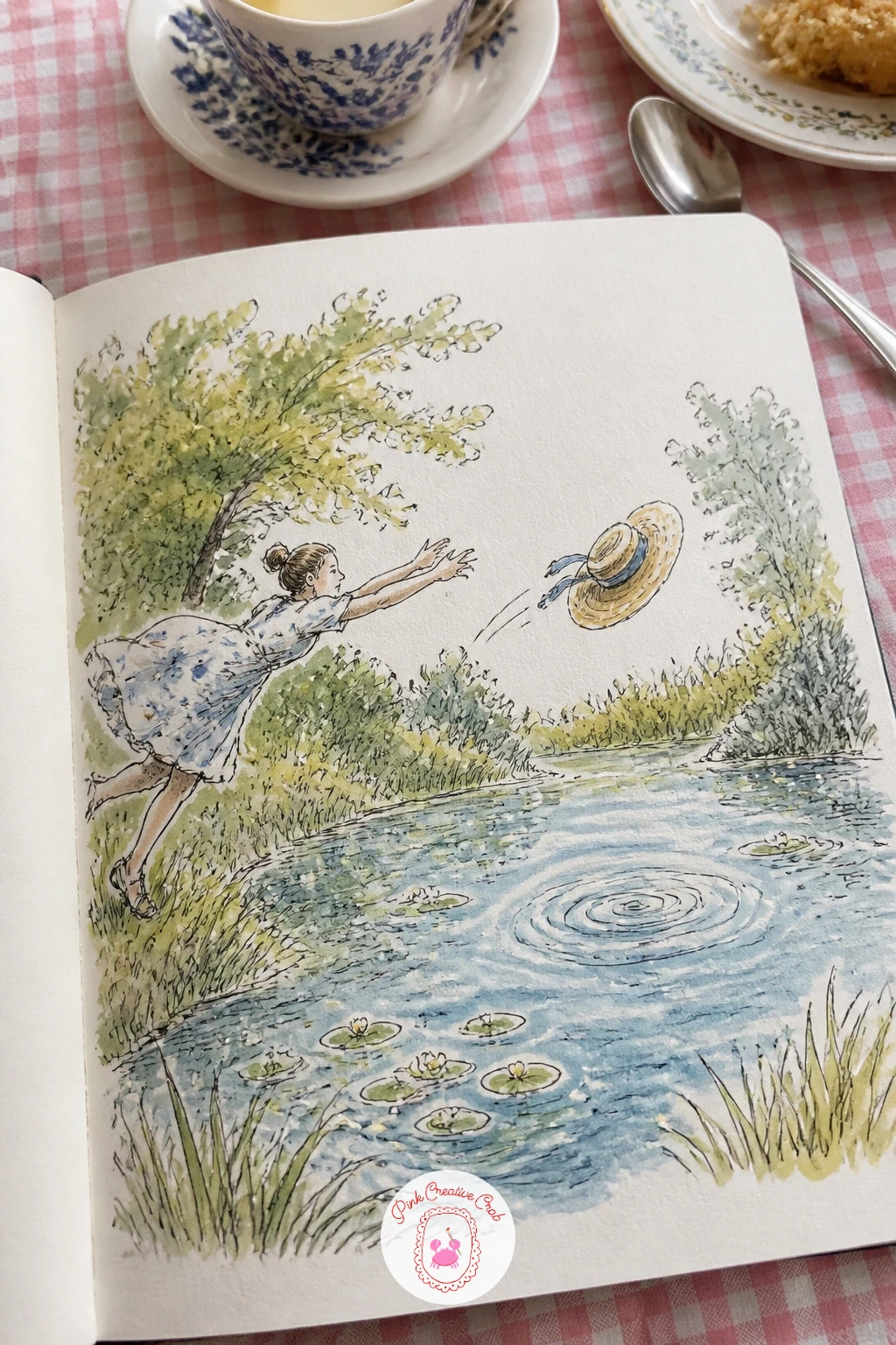 A Sun Hat Blowing Into the Pond — A sun hat blowing into the pond captures one of those small comic accidents that make a sketchbook page memorable. Sketchbook