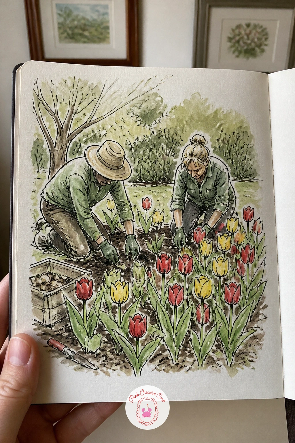 Gardeners Planting Tulip Beds — Gardeners planting tulip beds is a satisfying subject because the rows of flowers give you an easy rhythm to repeat across the