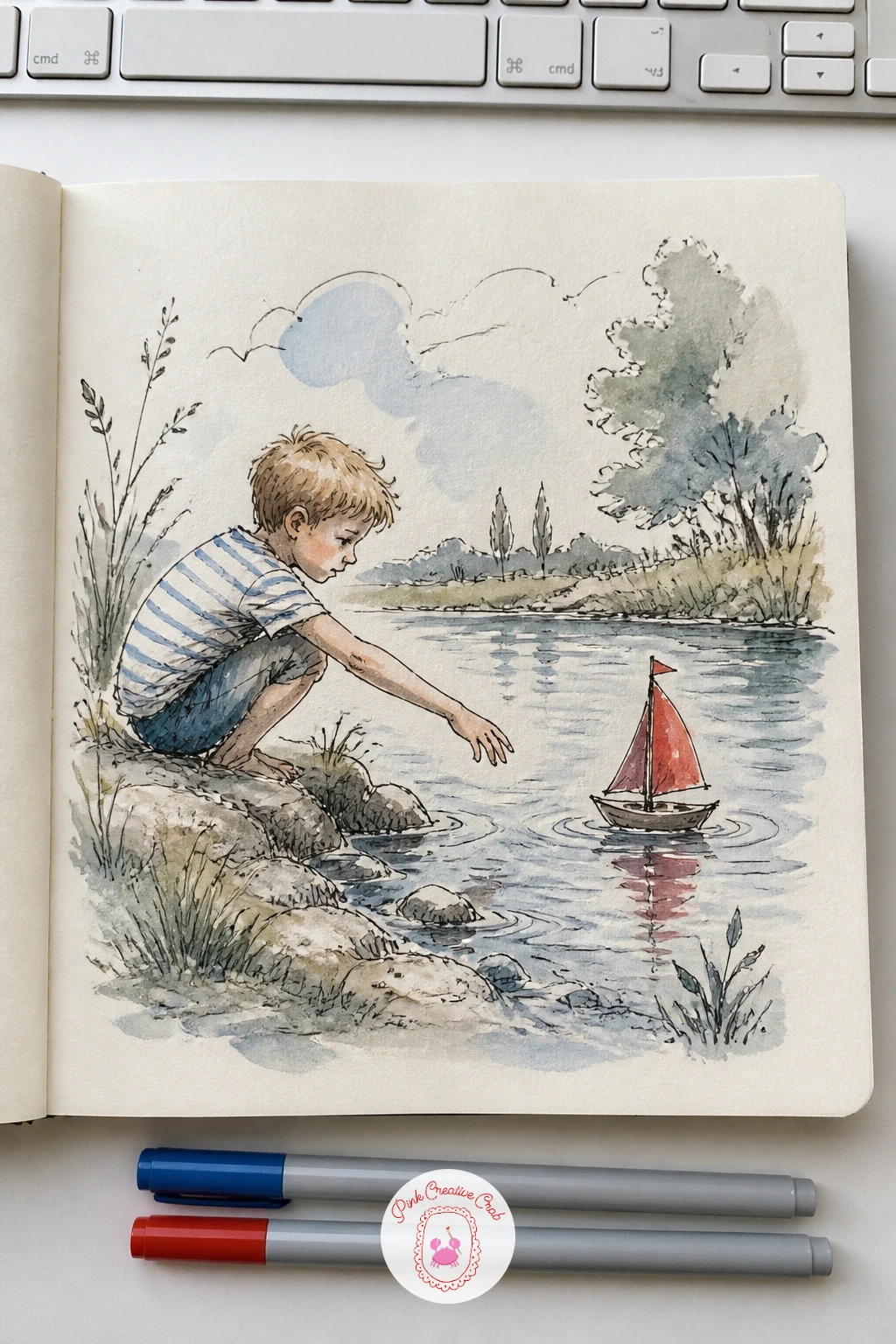 A Boy Sailing a Toy Boat — A boy sailing a toy boat is a sweet small-scale companion to the rowing boat page from earlier, this time shrunk down to a pond-side
