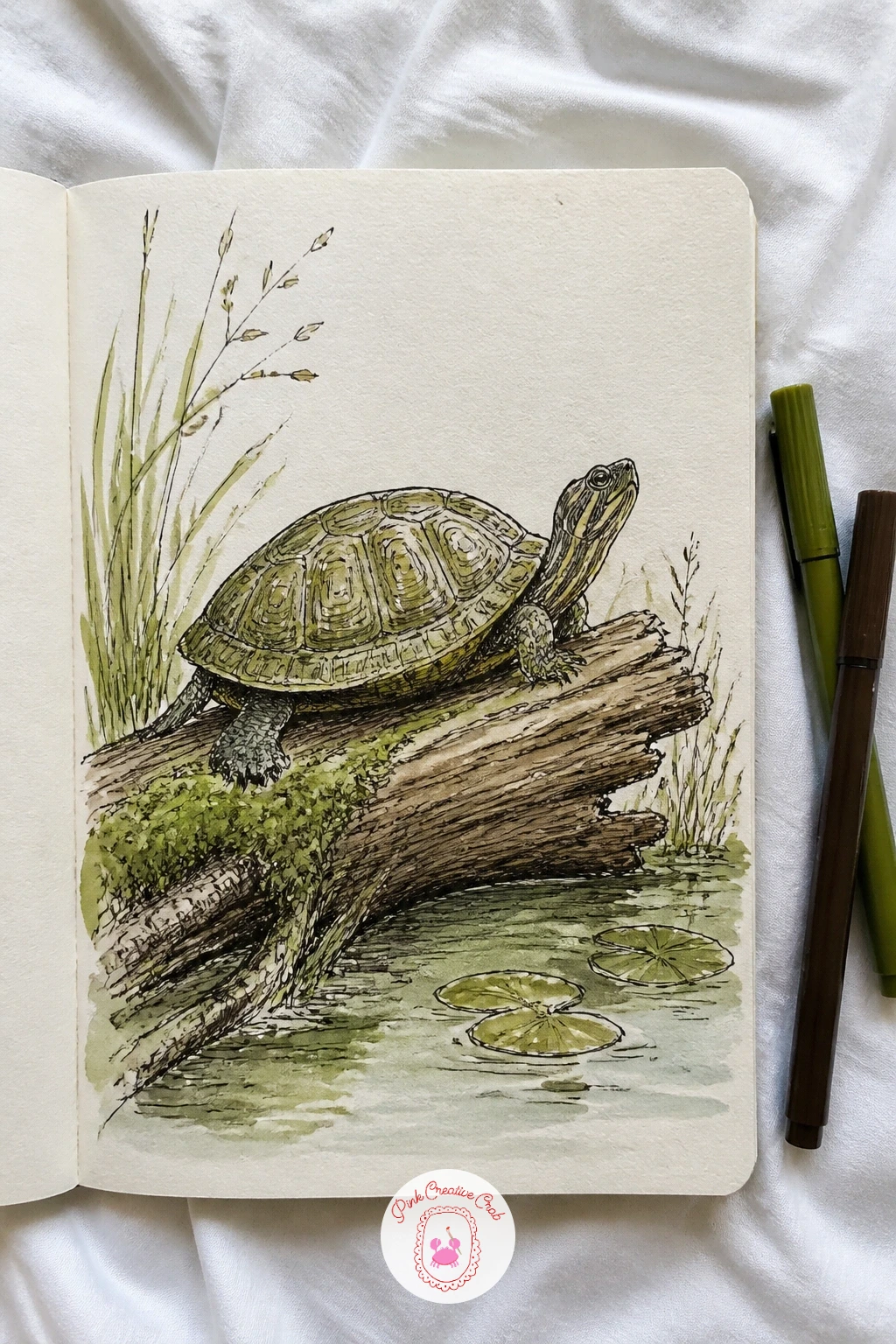 A Turtle on a Log — A turtle on a log is one of the calmest subjects on this list, a nice slow page after the boy and his boat. Sketchbook ideas drawings