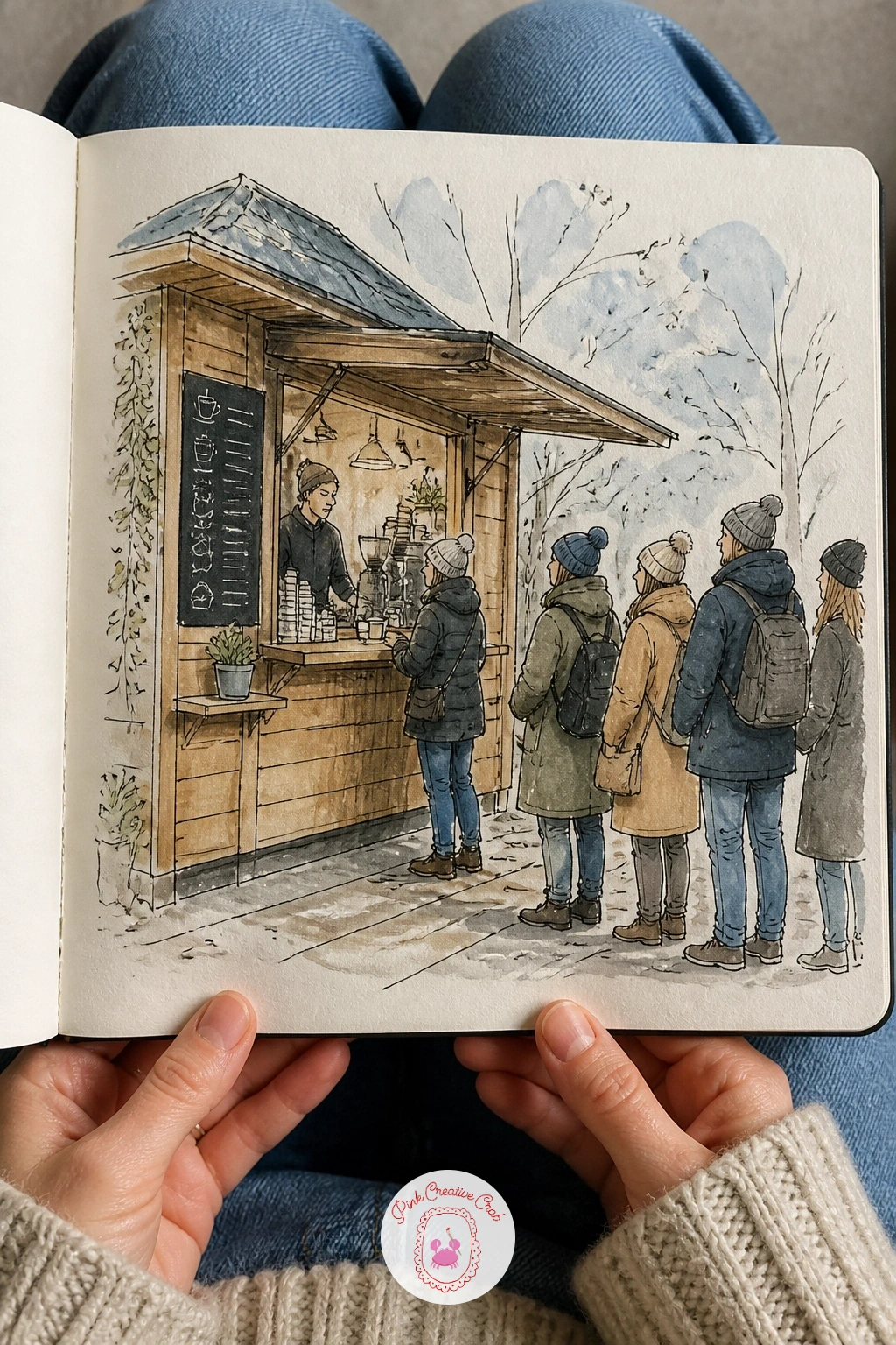A Coffee Kiosk Queue — A coffee kiosk queue echoes the ice cream cart earlier in this list, but swaps the sunny mood for something a little cosier, good for a