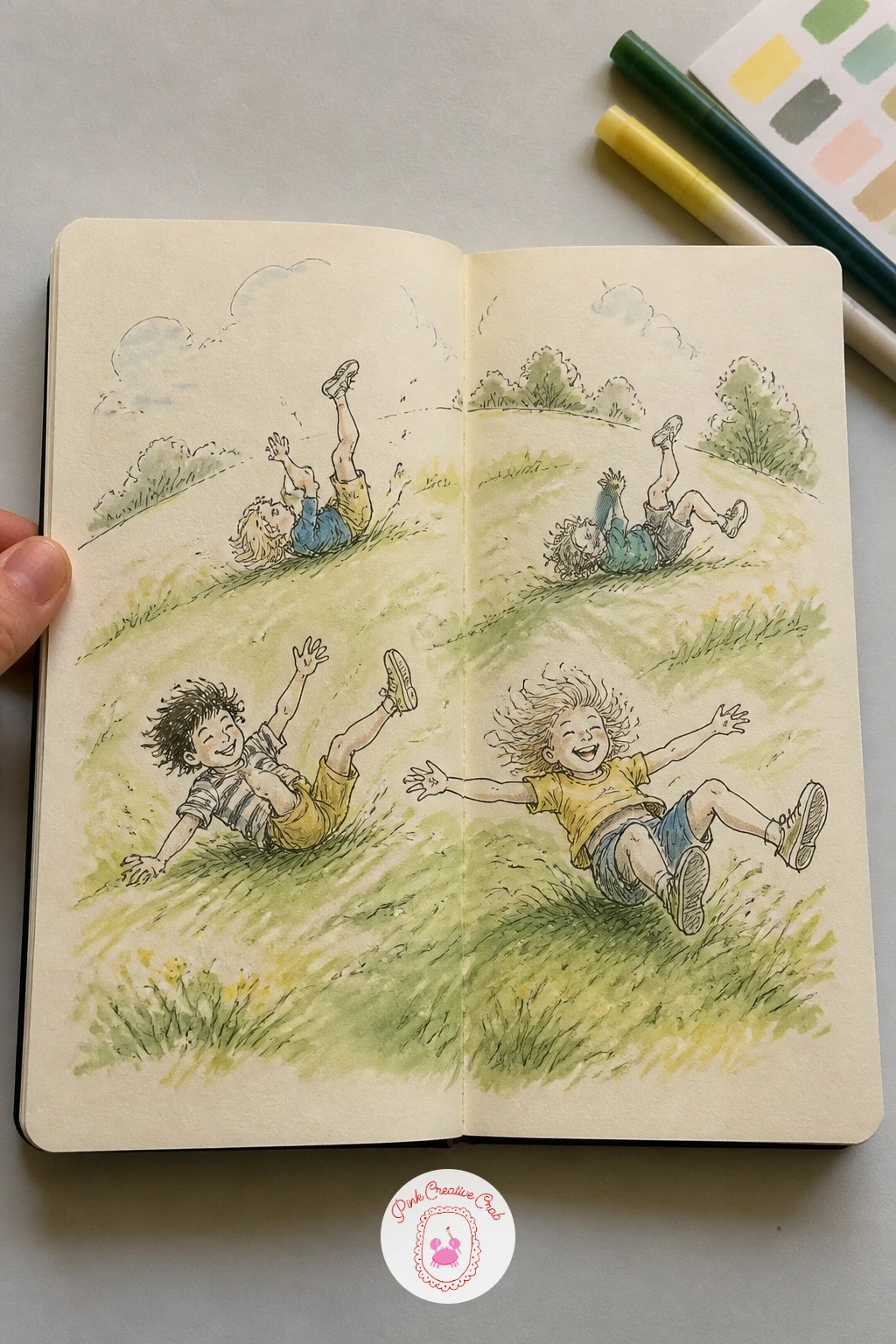 Kids Rolling Down a Grassy Hill — Kids rolling down a grassy hill is pure energy, so let the drawing feel a little wild rather than neat. Sketchbook ideas