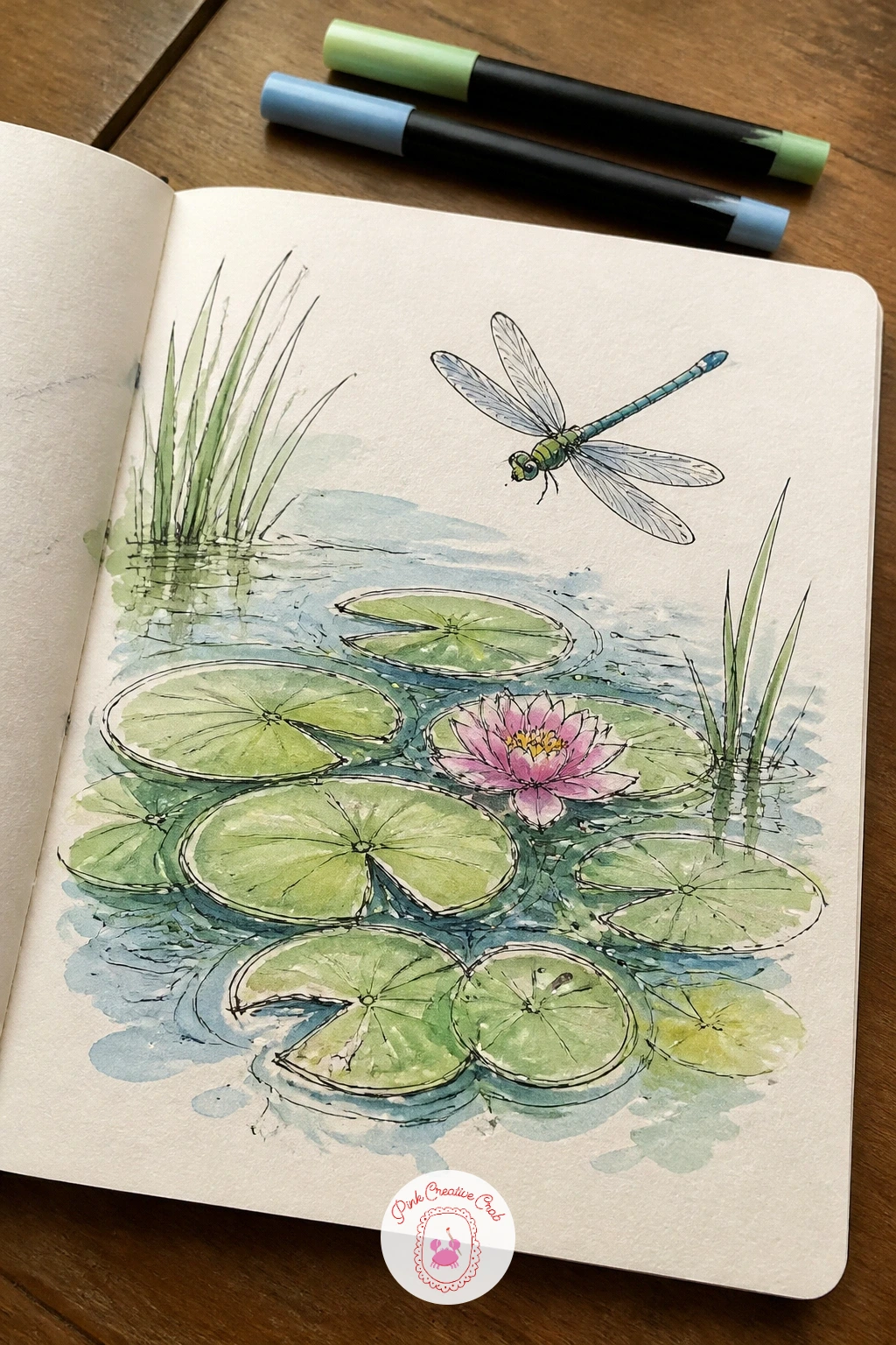 A Dragonfly Over Lily Pads — A dragonfly over lily pads is a quieter, more delicate page after all that rolling, good for slowing your hand back down.