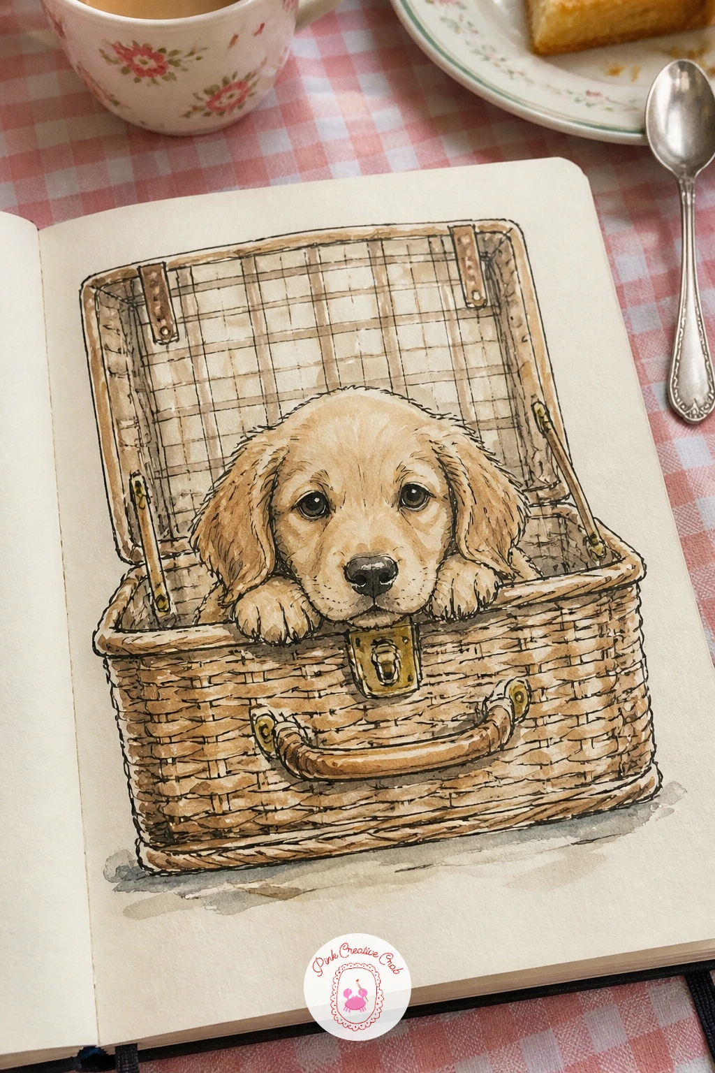 A Puppy in a Picnic Basket — A puppy in a picnic basket is an easy one to fall in love with, and it ties back nicely to the raided basket page earlier in this