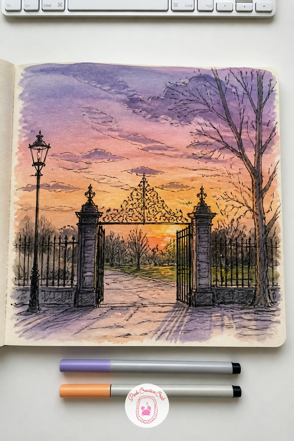 A Sunset Over the Park Gates — A sunset over the park gates makes a lovely closing page for a day spent sketching, built mostly from soft layered colour rather