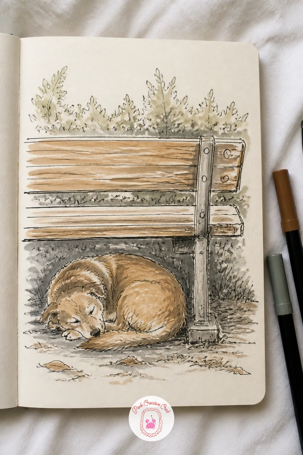 A Dog Napping Under a Bench — A dog napping under a bench is a gentle, almost cosy subject, good for a slower afternoon in the sketchbook. Sketchbook ideas