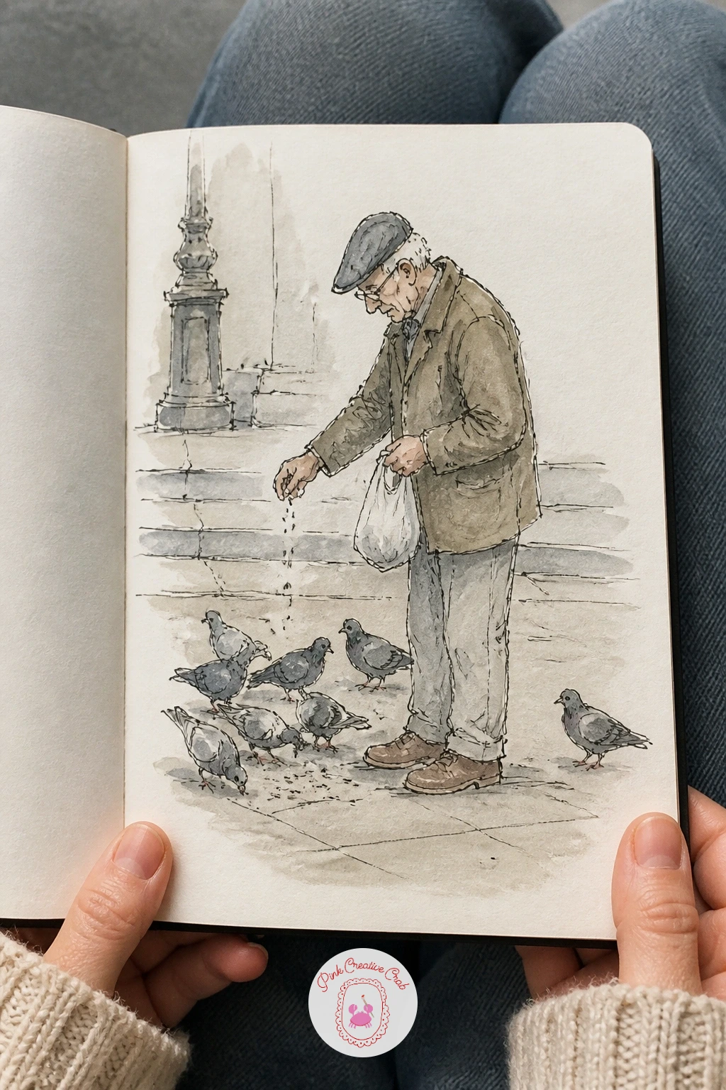 An Old Man Feeding Pigeons — An old man feeding pigeons is a warm, familiar park moment that works well as one of the more character-driven pages in your