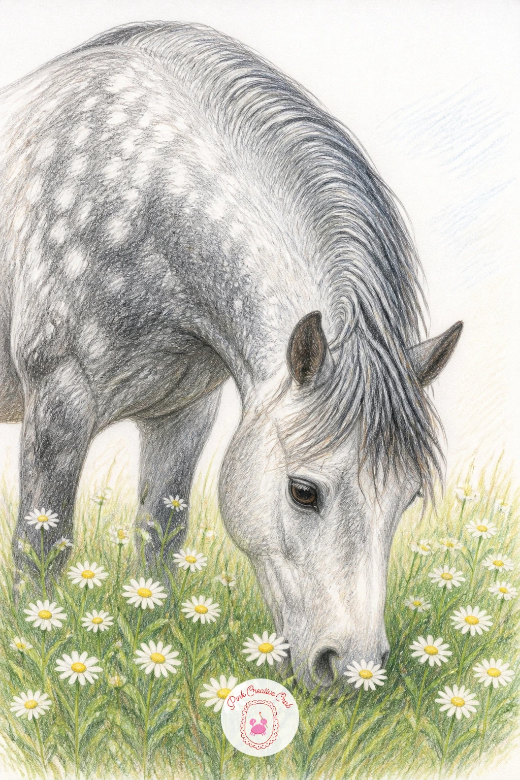 Pony Grazing in Daisies — Give the pony a reason to drop its head: grazing in daisies puts the whole body in a relaxed curve with the muzzle low among the