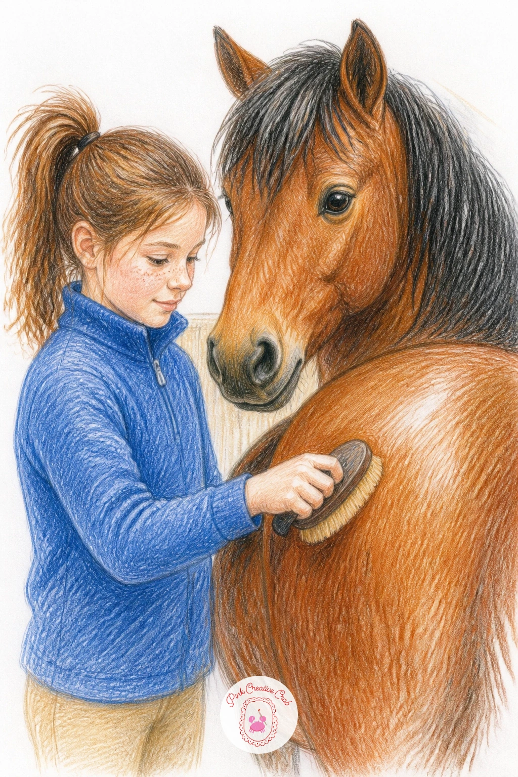 Girl Brushing Her Pony — Move from a pony alone into a pony with a companion, and a girl brushing her pony is a gentle way to begin that. Pony drawing