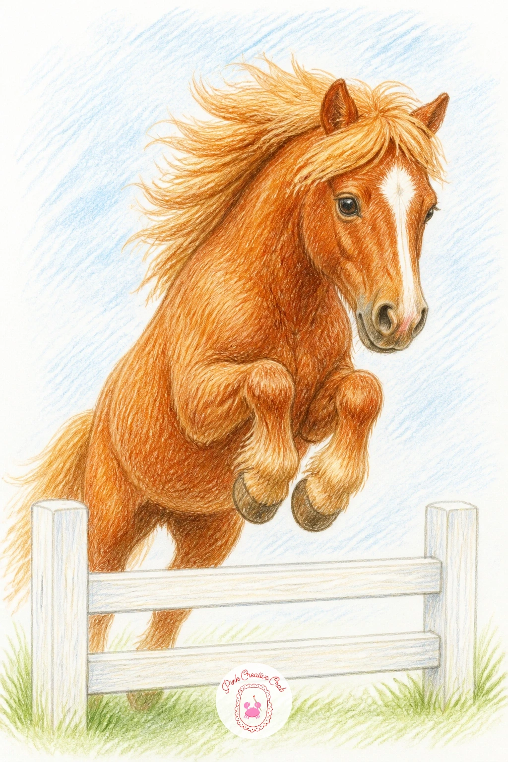 Pony Jumping a Little Fence — After a quiet grooming scene, a pony jumping a little fence brings in some motion. Pony drawing