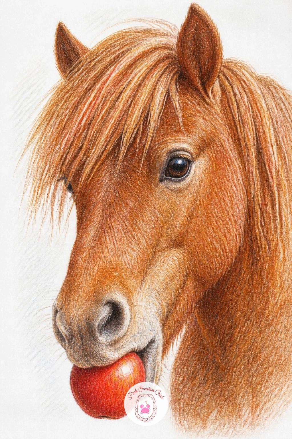 Pony Eating an Apple — Keep the mood light and small with a pony eating an apple, a close, friendly portrait rather than a full scene. Pony drawing