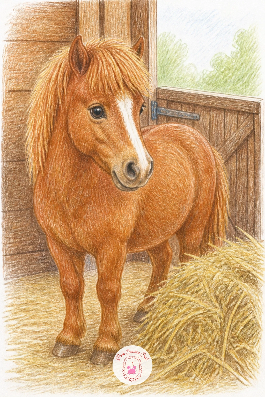 Pony in a Stable With Hay — Widen the view again with a pony in a stable with hay, which adds a simple interior setting behind the animal. Pony drawing
