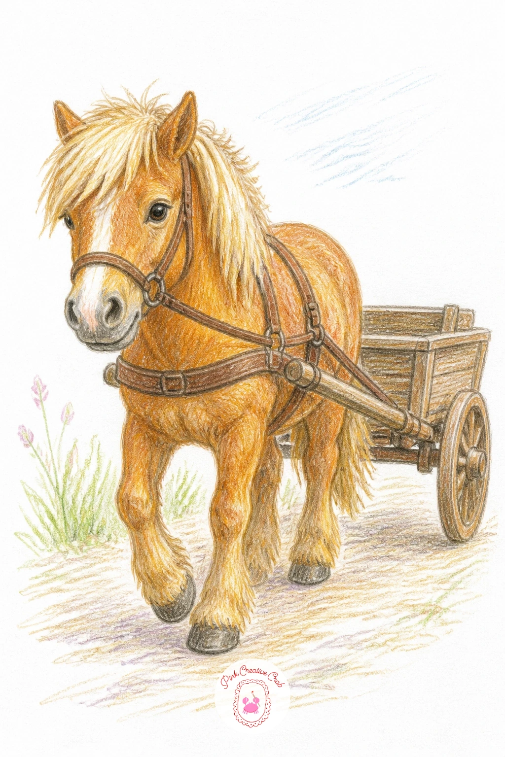 Pony Pulling a Small Cart — Add some gentle motion with a pony pulling a small cart, a scene that leans on perspective to feel believable. Pony drawing