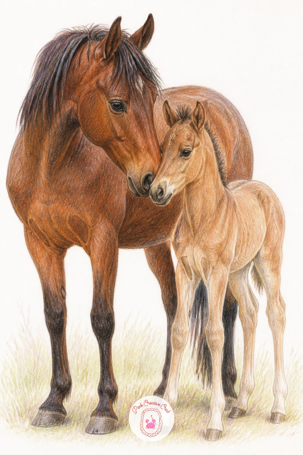 Foal Beside Its Mother — Shift into family scenes with a foal beside its mother, which relies on a clear size contrast to feel right. Pony drawing