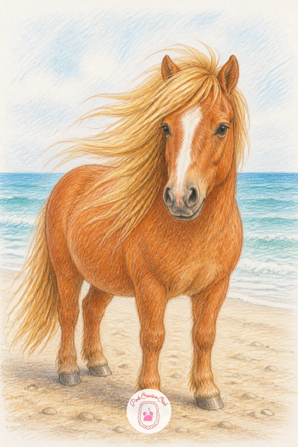 Pony on the Beach — Change the setting entirely with a pony on the beach, which brings a horizon line and a bit of weather into the drawing. Pony drawing